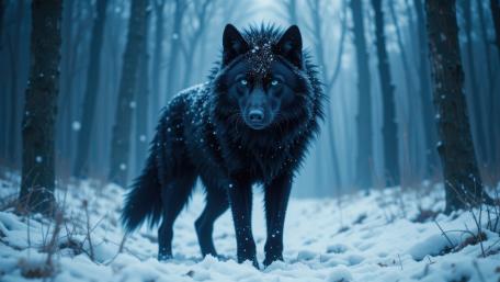 Mystic Black Wolf in Frozen Forest wallpaper