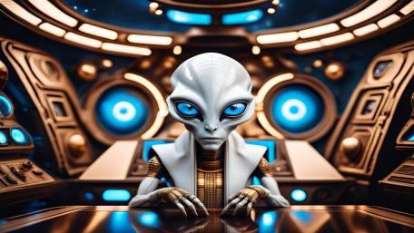 Alien Navigator in a Neon Starship Cockpit wallpaper