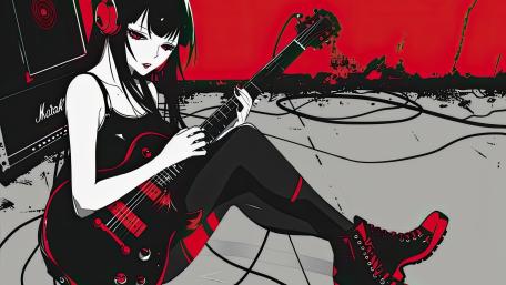 Gothic Guitar Muse in Red and Black wallpaper