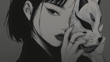 Mystic Kitsune Mask Portrait in Monochrome wallpaper