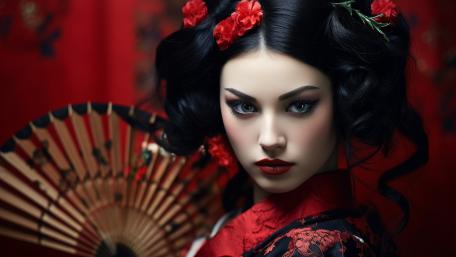 Elegant Geisha Portrait in Crimson Grace wallpaper