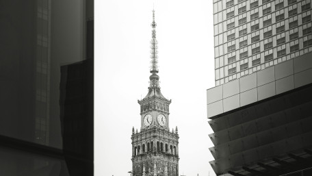 Warsaw Clock Tower in Monochrome Skyline wallpaper