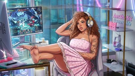 Cozy Gamer Queen in Neon Tower wallpaper