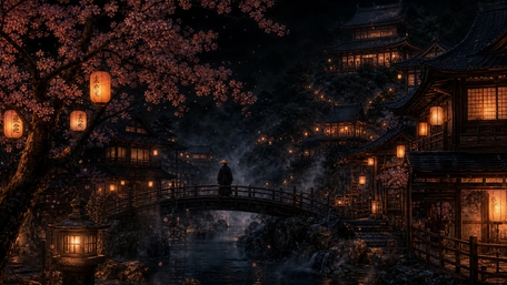 Moonlit Lantern Village Bridge wallpaper