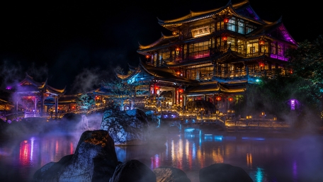 Neon Pagoda by the Misty Pond wallpaper