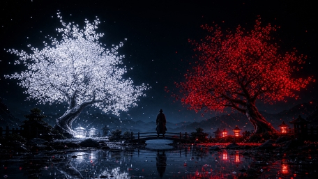 Moonlit Bridge Between Crimson and Silver Trees wallpaper