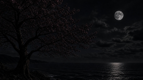 Midnight Tree Over Silent Moonlit Sea wallpaper