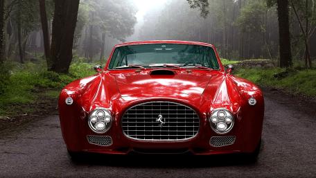 Red Ferrari Classic in Misty Forest wallpaper