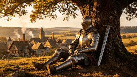 Resting Knight at Golden Village Dusk wallpaper