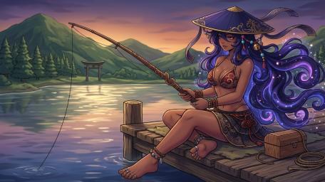 Mystic Lakeside Anime Fisherwoman wallpaper
