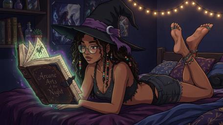 Moonlit Witch Reading in a Cozy Anime Room wallpaper