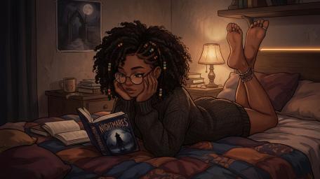 Cozy Midnight Reading in Anime Bedroom wallpaper