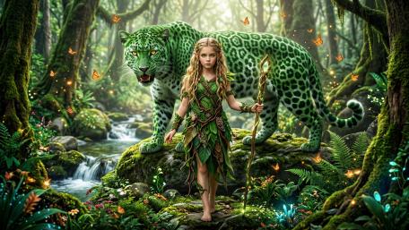 Enchanted Forest Guardian and Green Leopard wallpaper