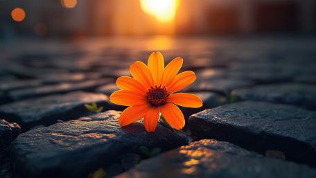 Sunlit Orange Flower on Stone wallpaper