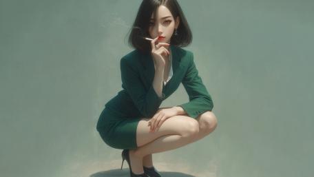 Elegant Green Suit Anime Businesswoman wallpaper