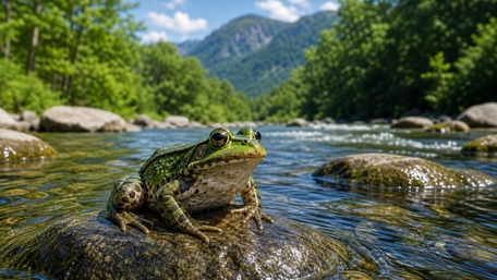 Tranquil Green Frog by Mountain River wallpaper
