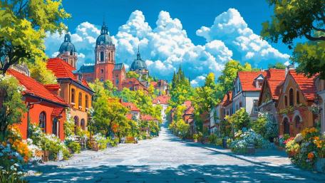 Sunlit Ghibli Style Village Street wallpaper