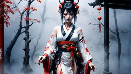 Ethereal Demon Geisha in Haunted Misty Forest wallpaper