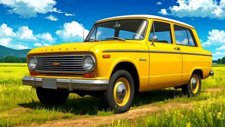 Vintage Yellow Anime Car in Sunny Meadow wallpaper