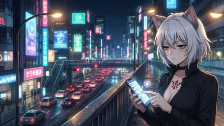 Neon Catgirl Glow in Futuristic Night City wallpaper
