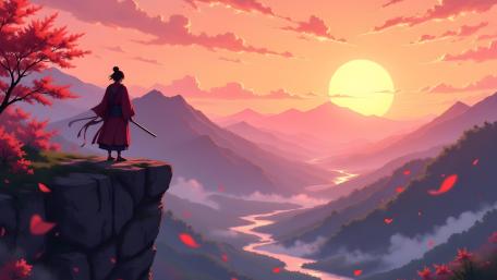 Sunset Samurai Reflection wallpaper