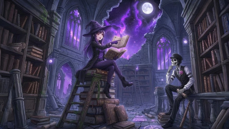Moonlit Witch and Skeleton Library wallpaper