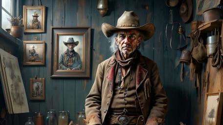 Nostalgic Cowboy Portrait in Rustic Studio wallpaper