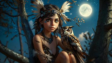 Moonlit Tribal Guardian and Owl Companion wallpaper