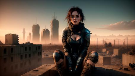 Rooftop Survivor in the Fallen Neon Wasteland wallpaper