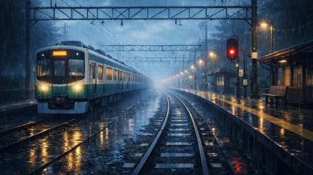 Rainy Night Train Station Dreamscape wallpaper