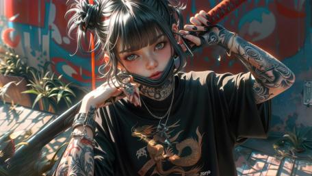 Tattooed Samurai Girl in Urban Neon wallpaper