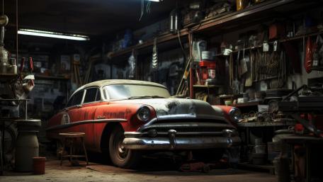 Rusty Classic Resting in a Dim Garage wallpaper