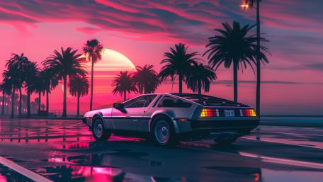Neon Delorean Sunset Cruise wallpaper