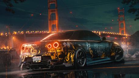Rainy Neon Skyline GT R Under Golden Bridge wallpaper