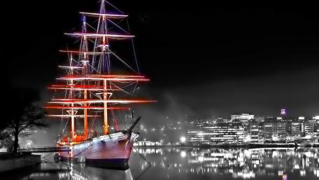 Neon Tall Ship in Midnight Harbor wallpaper