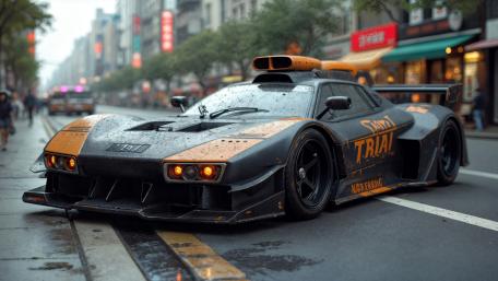 Cyber Drift Supercar in Rainy City Street wallpaper