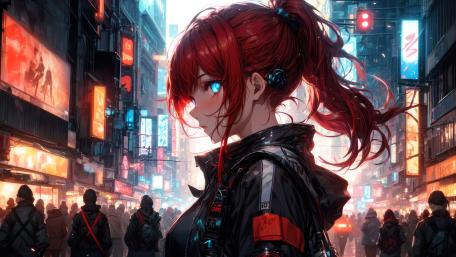Neon Red Haired Cyberpunk Girl wallpaper