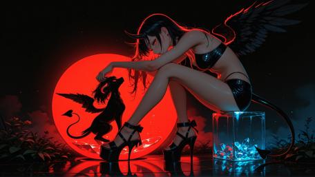Dark Angel and Demon Girl Moonlit Fantasy wallpaper