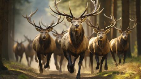 Majestic Deer Herd in Sunlit Forest wallpaper