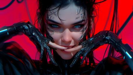 Cyberpunk Cyborg Woman in Neon Red wallpaper