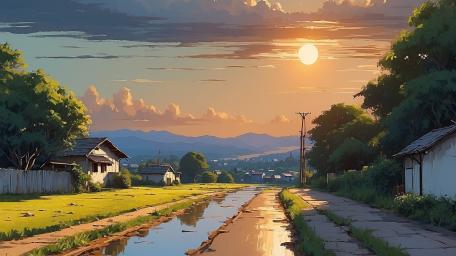 Sunset in a Quiet Anime Village wallpaper