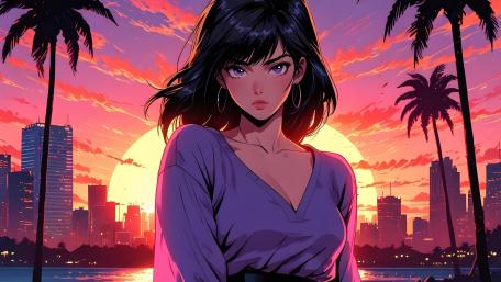 Neon Sunset Anime Portrait wallpaper