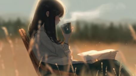 Peaceful Lo Fi Reading in Golden Fields wallpaper