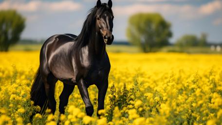Black Horse in Golden Blooming Field wallpaper