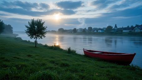 Misty River Sunrise Retreat wallpaper