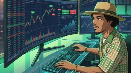 Focused Anime Trader at the Neon Terminal wallpaper
