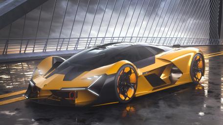 Futuristic Lamborghini Terzo Millennio on Rainy Bridge wallpaper