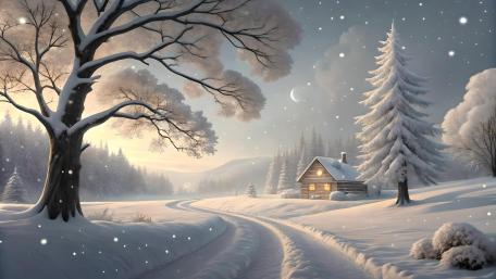 Moonlit Cabin in a Snowy Dreamscape wallpaper