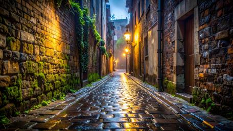 Rainy Cobblestone Alley Glow wallpaper