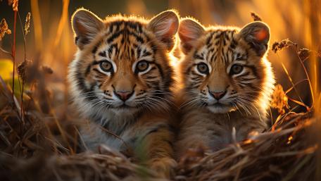 Golden Tiger Cubs in Warm Grassland wallpaper